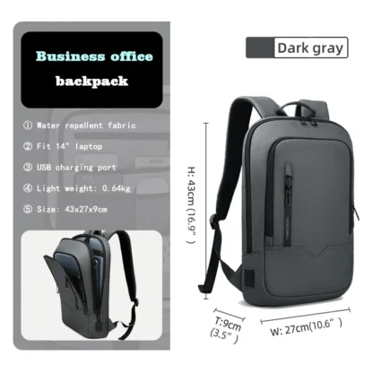HK Slim Backpack For Men 15.6 Inch Laptop Bags Waterproof Minimalist Business Backpack With USB Charging Casual Travel Work Bag - Image 9