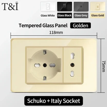 118 Wall Switch Socket with USB Type-C 20W 16A  Fast Charging Italy Chile Schuko Outlet Golden Tempered Glass Panel for Office - Image 22