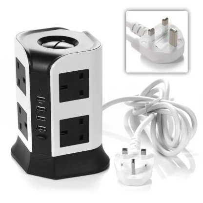 UK Plug Vertical Power Strip British Extension Surge Protectors Tower 8 Outlet 4USB Sockets 2.1A Charge Port 6.5ft Cord 2m Cable - Image 8