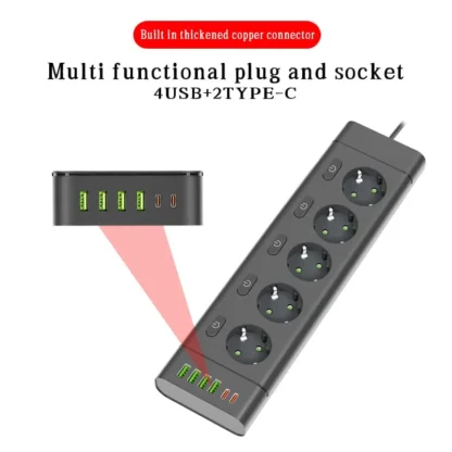 EU Plug Power Strip Multiple Independent Control Outlet Sockets 2m Extension Cord Electrical Socket with 4 USB 2 Type-C Ports - Image 2