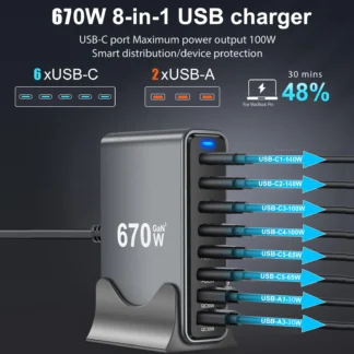 670W 8-port Multi-Port Desktop Fast Charger Station Adapter for Cellphones High speed charging for Laptop, for Iphone etc.