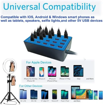 USB Charger Station 20-Port 100W Multiple Charging Station Multi Ports USB Charger Charging for Smartphones,Tablets, USB Devices - Image 3