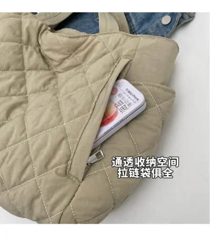 Fashion New Ins Cotton Clothing Bag for Women New Diamond Grid Large Capacity Hand-held Tote Bag Commuting Shopping Shoulder Bag - Image 15