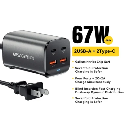 Essager 67W GaN USB C Charger Quick Charge 4.0 QC 3.0 PD USB-C Type C  Desktop Fast Charger For MacBook Samsung iPhone 15 Laptop - Image 9