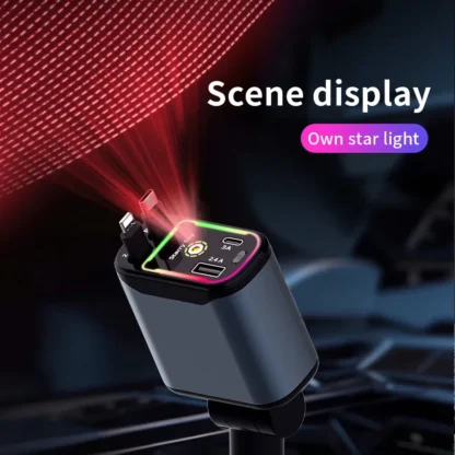 4-in-1 Retractable Car Charger, 66 Watt Fast Charging with Ambient Lighting + Red Star Top Firing Light with 2 USB Port Plugs, - Image 6