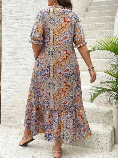 【Plus Size】 Paisley Print Round Neck Dress, Boho Fashion Casual Short Sleeve Long Dress for Daily Holiday Vacation Wear, Women P - Image 3