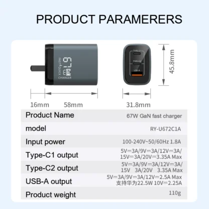 67W GaN USB-C ChargerThree Port QC PD Fast Charging Block Power Adapter for iPhone Laptop MacBook Samsung Galaxy Google - Image 5