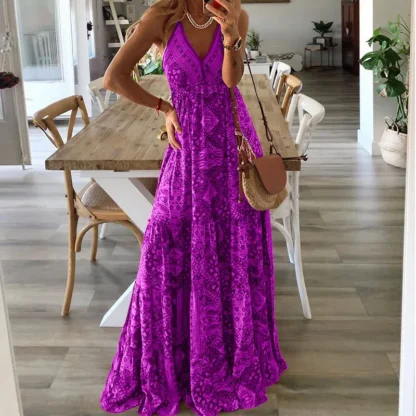 Plus-size Europe and the United States cross-border  new slip long skirt high-waisted V-neck printed floral dress - Image 7