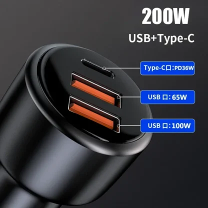 200W USB PD Car Charger 3port Super Fast Charger2.0 100W 65W SuperCharge QC3.0 for Honor Xiaomi Vivo Huawei iPhone 14 13Pro - Image 5