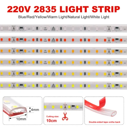 AC220V LED Strip Lights EU UK Plug SMD2835 120LEDs/m Waterproof Lamp With Adhesive Tape Warm/Natural/Cool White Red Blue Yellow - Image 5
