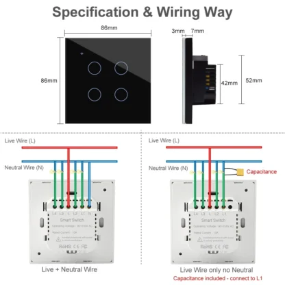 Tuya Smart Life WiFi Wall Touch Button 220V AC Light Switch for Lamp 1 2 3 4 Gang APP Voice Remote Control EU UK Europe Standard - Image 6
