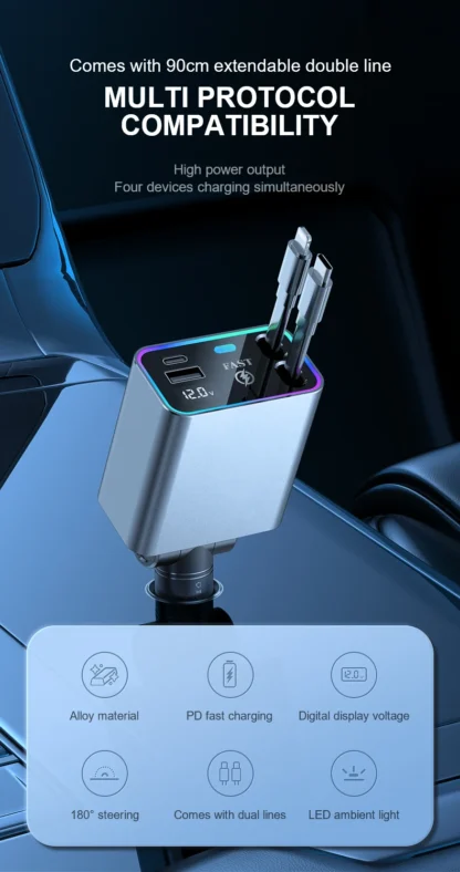 4 in 1 184W Car Charger Retractable PD66W Car Cigarette Lighter Adapter USB Type C Fast Charger Cable For IPhone Xiaomi Samsung - Image 7