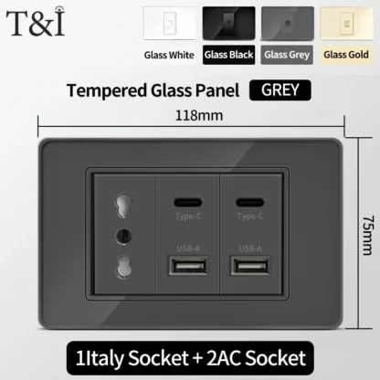 Gray Tempered Glass Italian Standard Wall Switch Socket 118x75mm with USB Type-C Outlet Fast Charging for Home Office Kitchen - Image 23