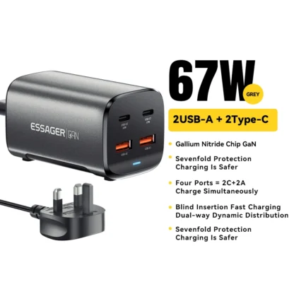 Essager 67W GaN USB C Charger Quick Charge 4.0 QC 3.0 PD USB-C Type C  Desktop Fast Charger For MacBook Samsung iPhone 15 Laptop - Image 7