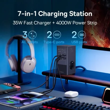 Baseus 35W Fast Charger 7 in 1 Power Strip Desktop Charging Station With 1200J Surge Protector Digital Display For iPhone Xiaomi - Image 2