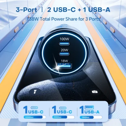 138W Car Charger USB Type C Dual Port USB Phone Fast Charger PD Fast Charging for IPhone 14 Samsung Xiaomi  IPad Laptops Tablets - Image 3
