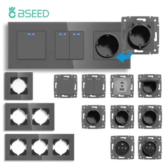 BSEED 1/2Gang 1/2Way Wall Button Switch Part Wall EU Socket Module Part Glass Frame Only Switch Socket DIY Function Part