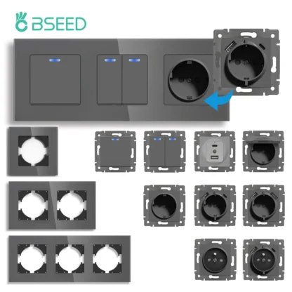 BSEED 1/2Gang 1/2Way Wall Button Switch Part Wall EU Socket Module Part Glass Frame Only Switch Socket DIY Function Part