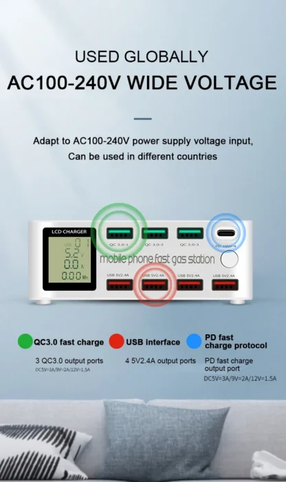 100W 8 Ports USB Charger QC3.0 Quick Charge Multi Fast Charging Station LED Display 20W PD Fast Socker for IPhone Samsung Xiaomi - Image 15