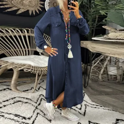Women's L-5XL Plus Size  Fashion Long Dress Long Sleeve Shirt Dress Women's Denim Long Dress Pocket Button Shirt Casual Loose - Image 8