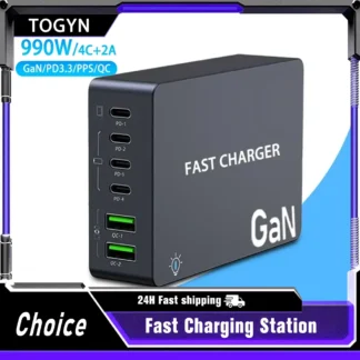 990W GaN USB C Charger 6-Ports Desktop Charger Type C PD 100W PPS Fast Charging Station for Laptop Tablet MacBook Samsung iPhone
