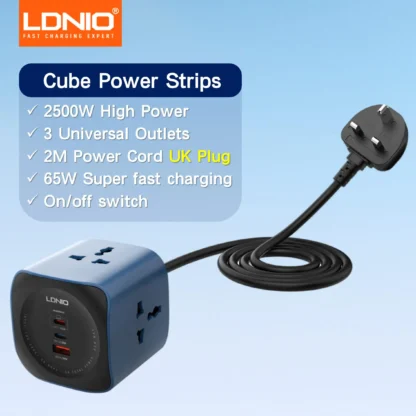 Cube Power Strip LDNIO 65W Charging Stations 2M Electric Extension Power Cord EU UK US Plug USB C Adapter Socket Surge Protector - Image 8