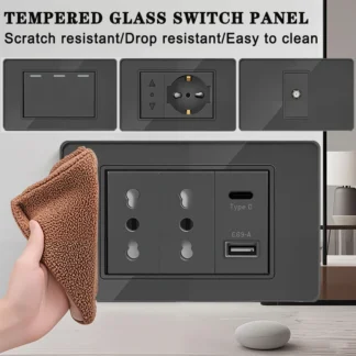 Gray Tempered Glass Italian Standard Wall Switch Socket 118x75mm with USB Type-C Outlet Fast Charging for Home Office Kitchen