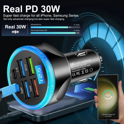 UYUXIO Multi Port USB C Car Charger Adapter with Voltage Display PD 30W Super Fast Charging 6 in 1 for MacBook iPhone Samsung - Image 8