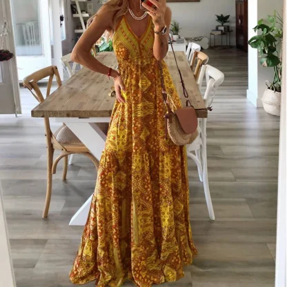 Plus-size Europe and the United States cross-border  new slip long skirt high-waisted V-neck printed floral dress - Image 2