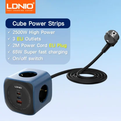 Cube Power Strip LDNIO 65W Charging Stations 2M Electric Extension Power Cord EU UK US Plug USB C Adapter Socket Surge Protector - Image 9