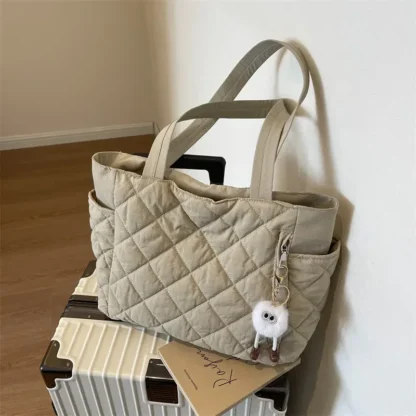 Fashion New Ins Cotton Clothing Bag for Women New Diamond Grid Large Capacity Hand-held Tote Bag Commuting Shopping Shoulder Bag - Image 9