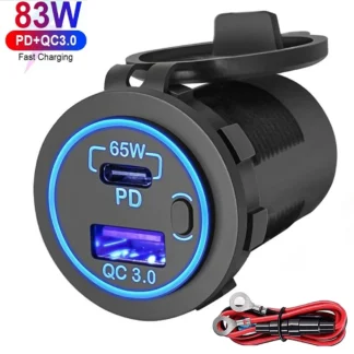 83W Laptop Car Charger Socket 12V USB Outlet 65W PD USB-C Car Charger and 18W QC3.0 USB with Power Switch Waterproof for RV Car