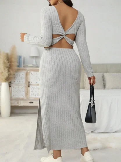 【Plus Size】 Cut Out Twist Split Hem Bodycon Dress, Casual Long Sleeve Square Neck Dress for Fall & Winter, Women's Clothes for D