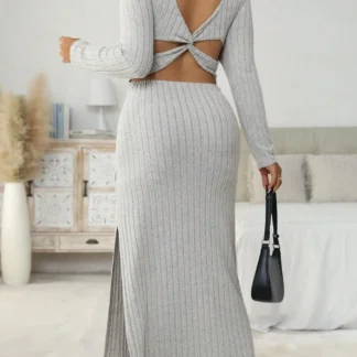 【Plus Size】 Cut Out Twist Split Hem Bodycon Dress, Casual Long Sleeve Square Neck Dress for Fall & Winter, Women's Clothes for D