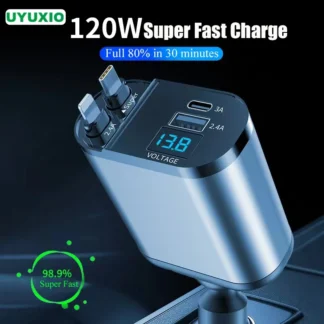 120W Retractable Car Charger 4 in 1 with Voltage Display Super Fast Car Charge Retractable Cord 2.6 Ft for iPhone OPPO Samsung