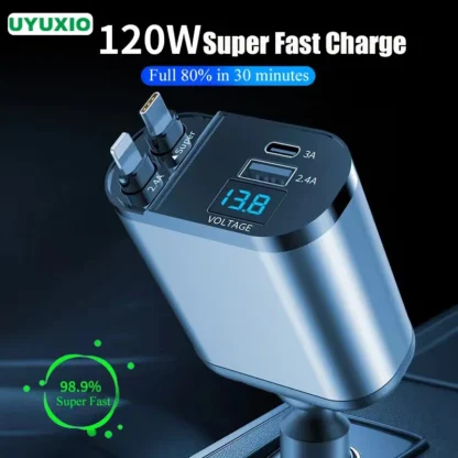 120W Retractable Car Charger 4 in 1 with Voltage Display Super Fast Car Charge Retractable Cord 2.6 Ft for iPhone OPPO Samsung