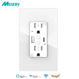 Melery Dual US Wall Sockets WIFI Smart Power Plug Outlets USB Type-C PD 20W Glass Fast Charge Remote by Tuya Alexa Google Home