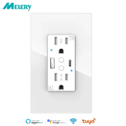 Melery Dual US Wall Sockets WIFI Smart Power Plug Outlets USB Type-C PD 20W Glass Fast Charge Remote by Tuya Alexa Google Home