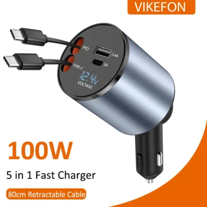 4 in 1 Car Charger 31.5" Retractable Cable 100W Super Fast USB C Car Charger Dual USB Ports Voltage Display For iPhone Samsung