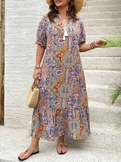 【Plus Size】 Paisley Print Round Neck Dress, Boho Fashion Casual Short Sleeve Long Dress for Daily Holiday Vacation Wear, Women P