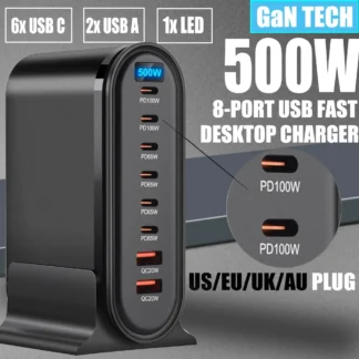 500W GaN Charger Multi-port Desktop Charging Station For Laptops Tablets USB Type C Fast Charge For iPhone 15/Samsung/iPad Pro