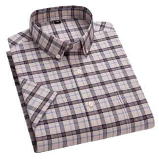 2025 Men's 100% Cotton Summer Stripe Shirts Short Sleeve Oxford Plaid Fashion Casual Slim Fit Comfortable High Quality Office