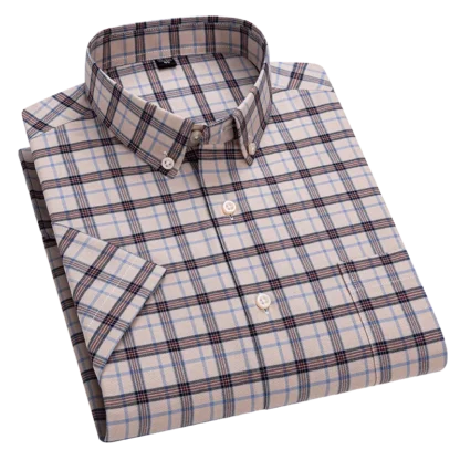2025 Men's 100% Cotton Summer Stripe Shirts Short Sleeve Oxford Plaid Fashion Casual Slim Fit Comfortable High Quality Office