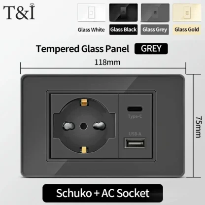 Gray Tempered Glass Italian Standard Wall Switch Socket 118x75mm with USB Type-C Outlet Fast Charging for Home Office Kitchen - Image 8