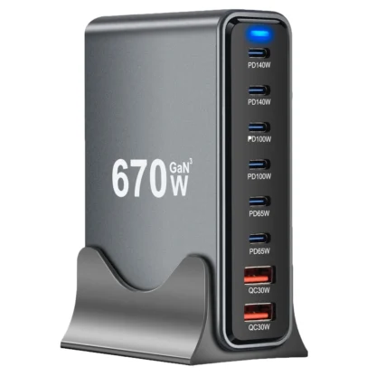 670W GaN Charger 6 In 1 Desktop Charging Station 140W PD3.1 PD USB Charger For MacBook iPhone Samsung Huawei Xiaomi Fast Charger - Image 12
