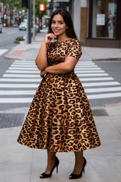 Fashion Leopard Printed Plus Size Dresses Short Sleeve Round Neck Vintage Afican Casual Pleated A-Line Summer Streetwear Dresses - Image 2