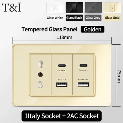 118 Wall Switch Socket with USB Type-C 20W 16A  Fast Charging Italy Chile Schuko Outlet Golden Tempered Glass Panel for Office - Image 24