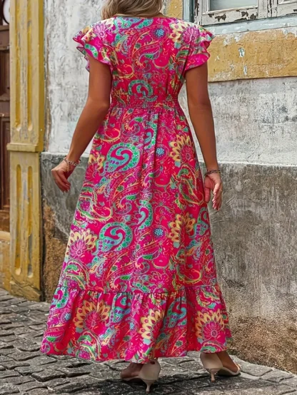 Plus Size 2025 New Women's V-Neck Flutter Sleeve Botanical Floral Vibrant Fashion Dress Beach Seaside - Image 4