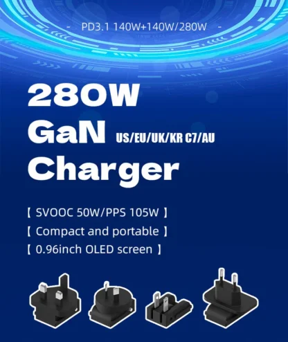 PD3.1 280W GaN High Power Motherboard 0.96inch OLED Screen 140W+140W PPS105W Portable US/EU/UK/KR C7/AU Module Fast Charging - Image 9