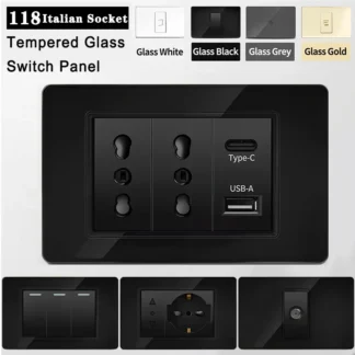 118 Series Black Tempered Glass Wall Switch Socket Italy Standard 16A Outlet with USB Type-C 20W Fast Charging for Home Office